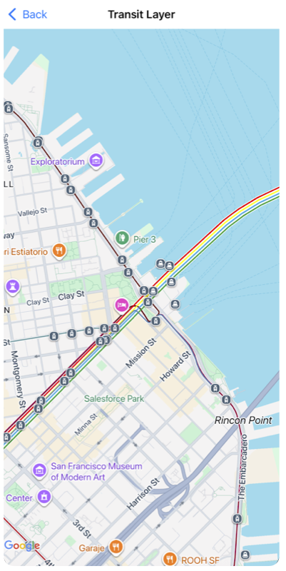 Un mapa de Google Maps que muestra la capa de transporte público