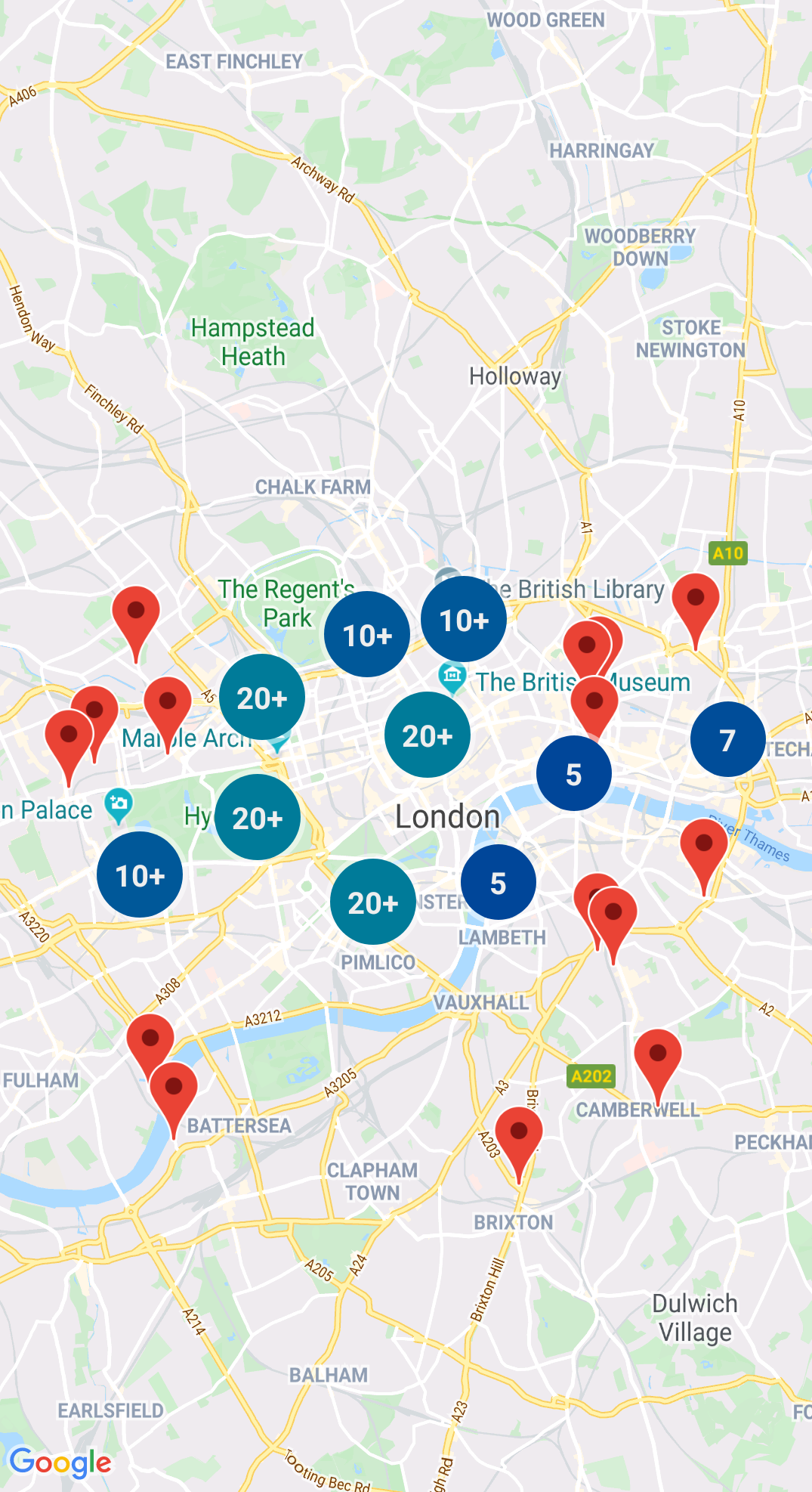 Un mapa con marcadores agrupados en el estilo predeterminado