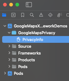 Captura de pantalla de la información de privacidad de Xcode