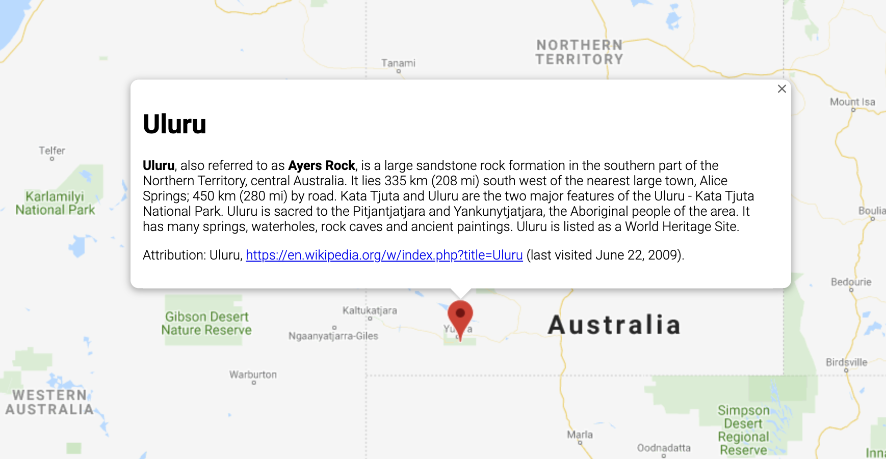 Okno Info z informacjami o lokalizacji w Australii.