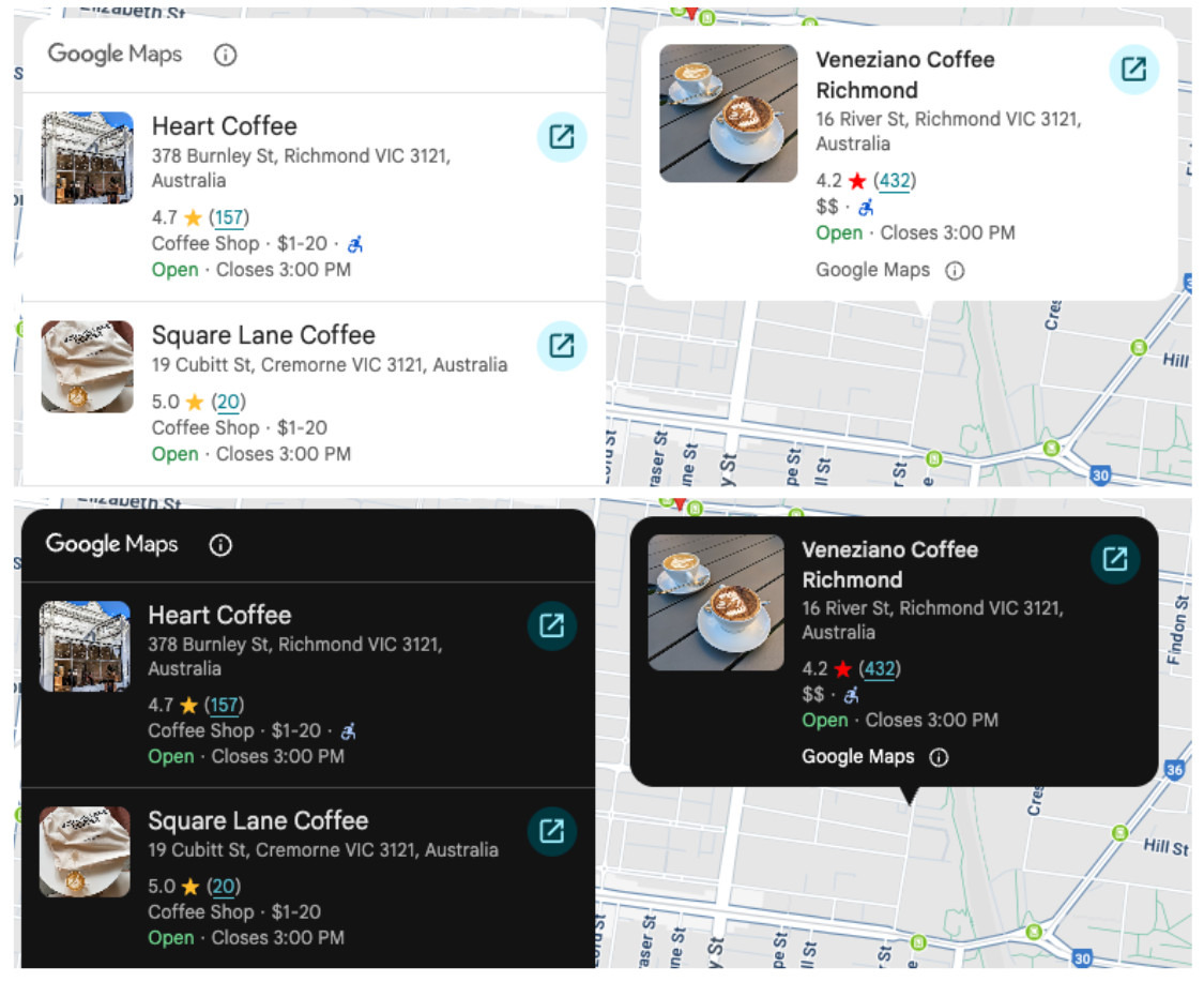 Elementos del kit de IU de Places en modo claro y oscuro