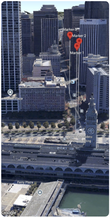 Uma visualização de mapa mostrando o comportamento em caso de conflito de marcadores