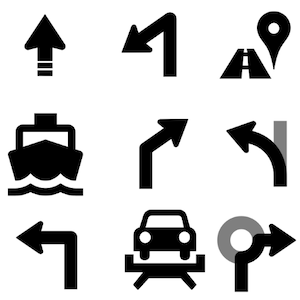 Una pequeña lista de los íconos generados que proporciona la Navegación GPS.
de Google Cloud.