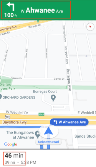 מסך של מכשיר נייד שבו מוצגת פנייה שמאלית קרובה במרחק של 30 מטרים אל W Ahwanee Ave. בתחתית המסך, הזמן שנותר ליעד הוא 46 דקות, והמרחק שנותר הוא 59 ק&quot;מ.