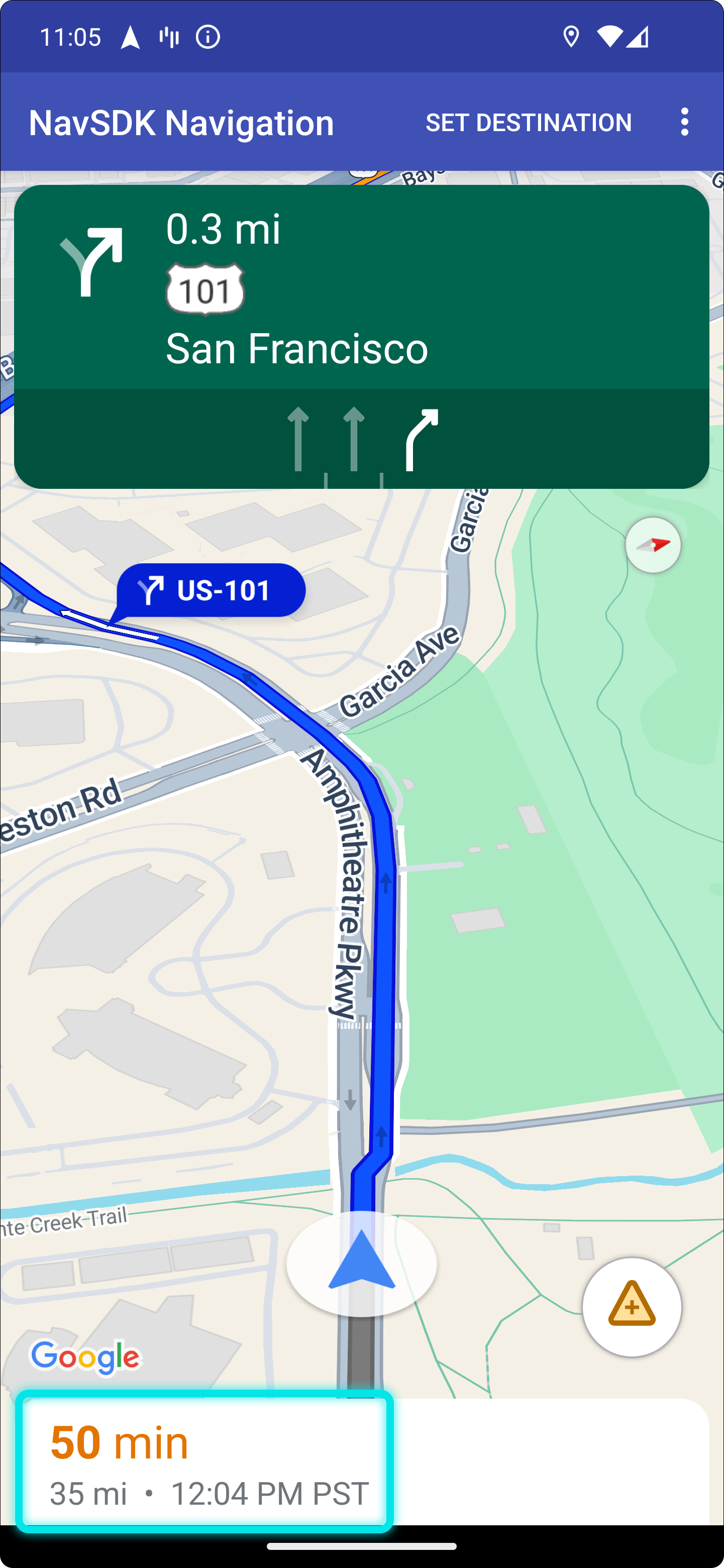 A mobile screen that displays an upcoming left turn in 100 feet onto W Ahwanee
Ave. At the bottom of the screen, time remaining to destination is 46 minutes,
and distance remaining is 39
miles.