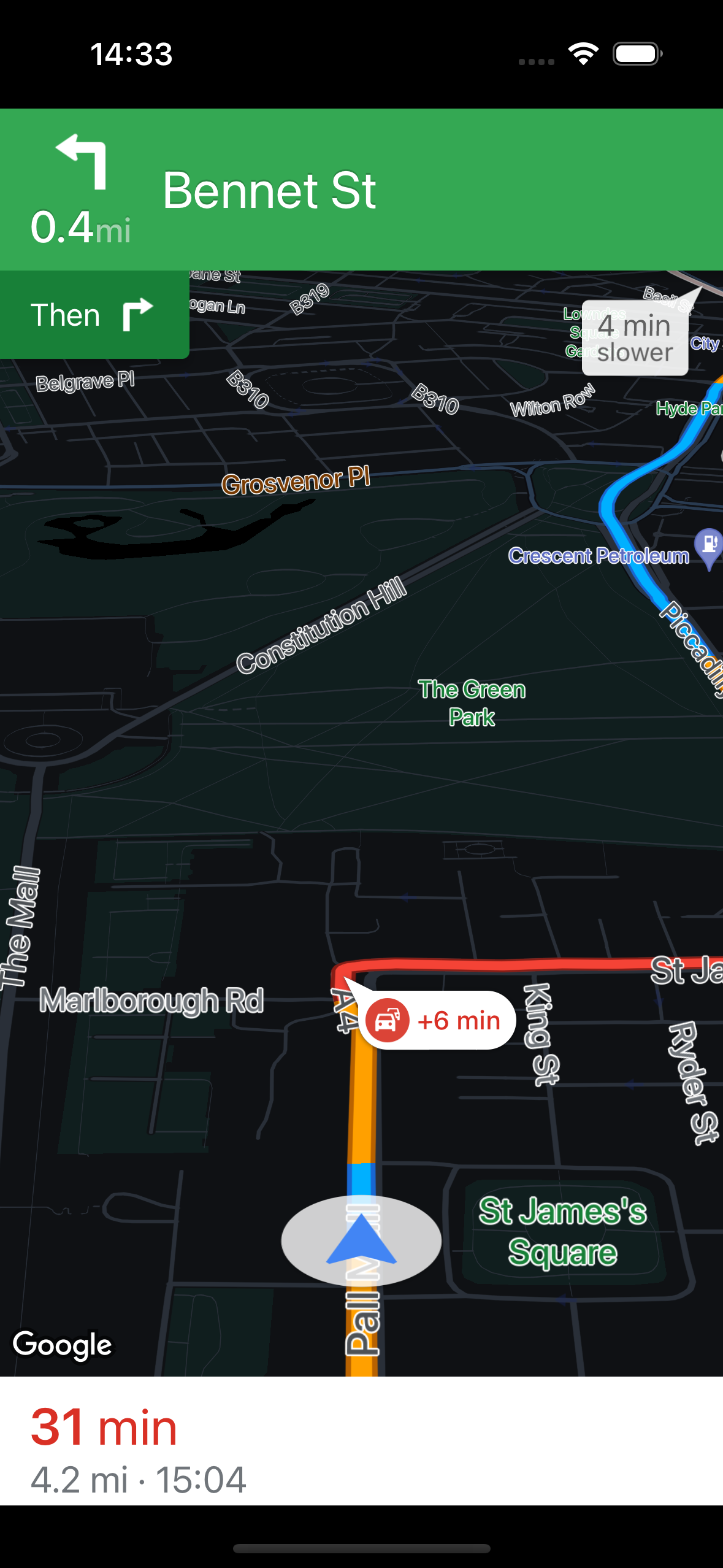 Screenshot of Navigation SDK running on an iPhone 15 Pro with a dark map style.