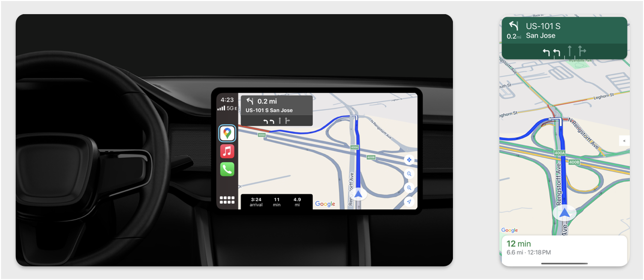 The CarPlay and phone navigation displays