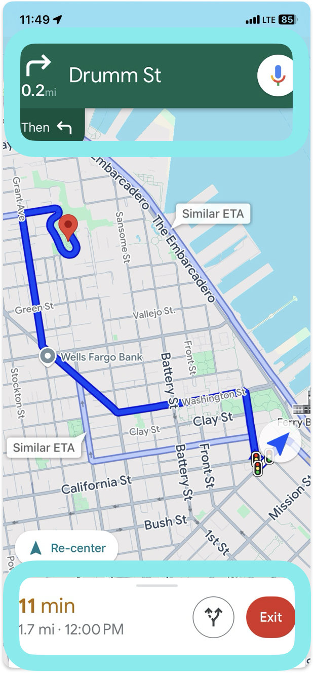 Layar seluler yang menampilkan belokan kanan yang akan datang dalam 15 meter ke Church
Street. Di bagian bawah layar, waktu yang tersisa untuk mencapai tujuan adalah 13
menit, dan jarak yang tersisa adalah 3,4
mil.