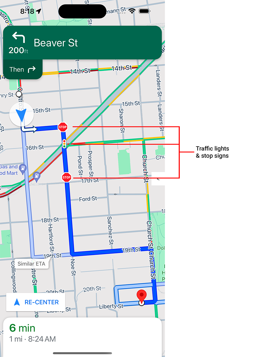 Stop signs and traffic lights shown during navigation.