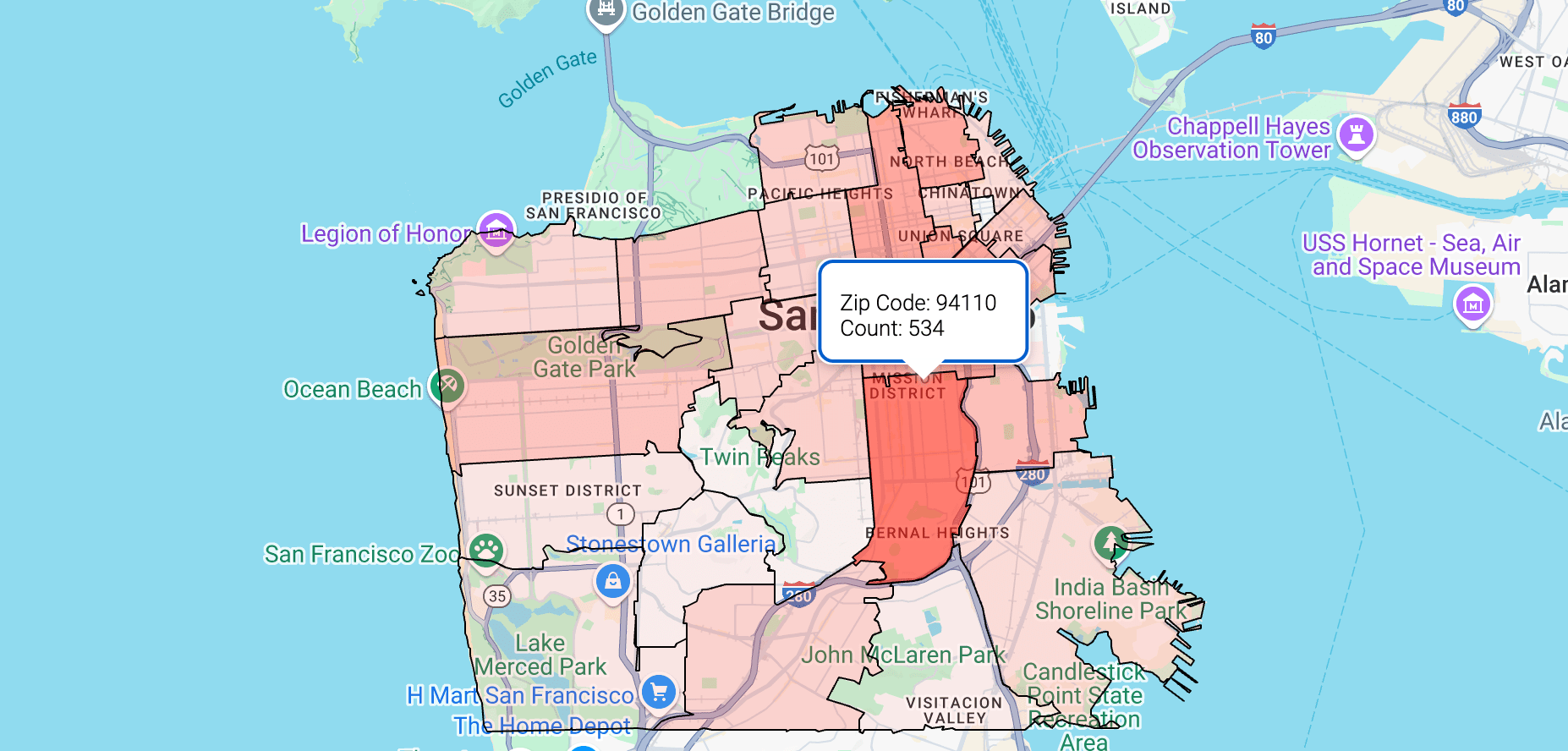 A heatmap of restaurants by volume in Mountain View.