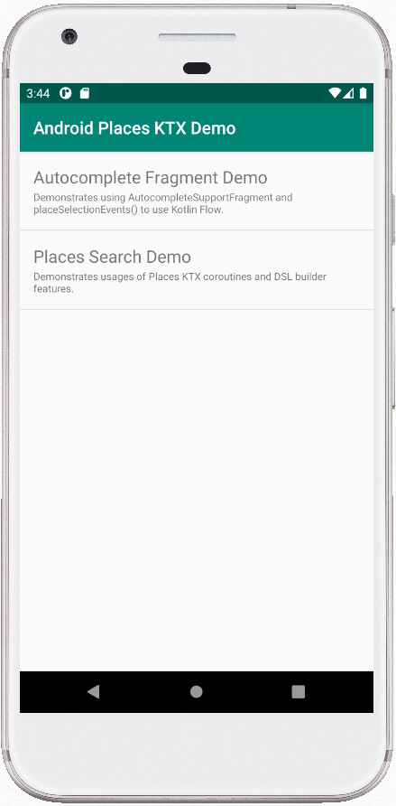 המסך הראשון של האפליקציה לדוגמה של Places KTX, שמציג את האפשרויות שבחרת
