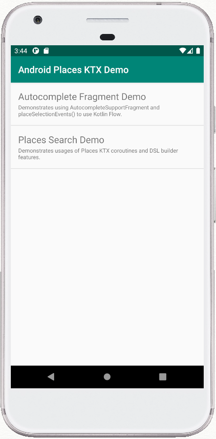 Places KTX 示例应用的第一个界面，显示您的选择