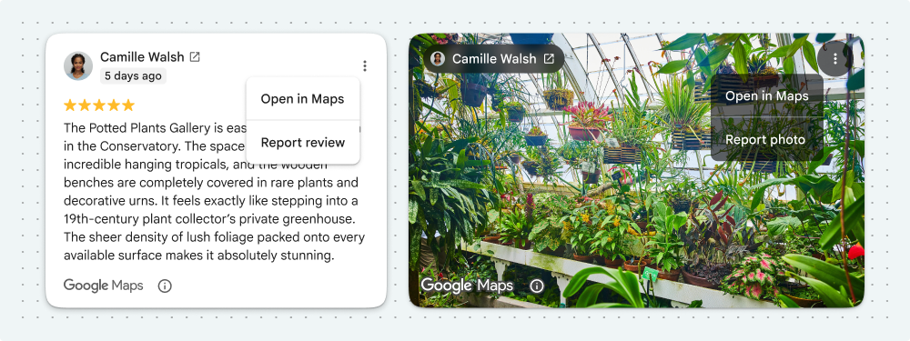 Vertical menu with links to view the source photo or review on Google Maps