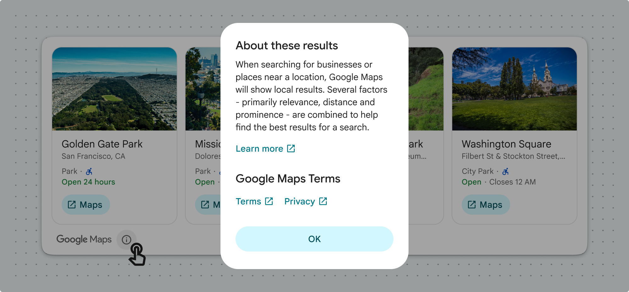 Offenlegung für Suchergebnisse für Orte