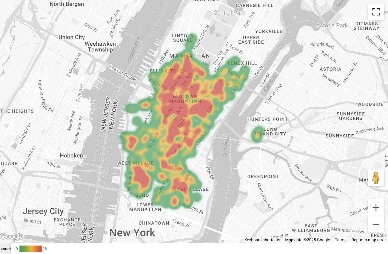 Abfrageergebnisse als Karte mit ausgefüllten Bereichen und als Heatmap