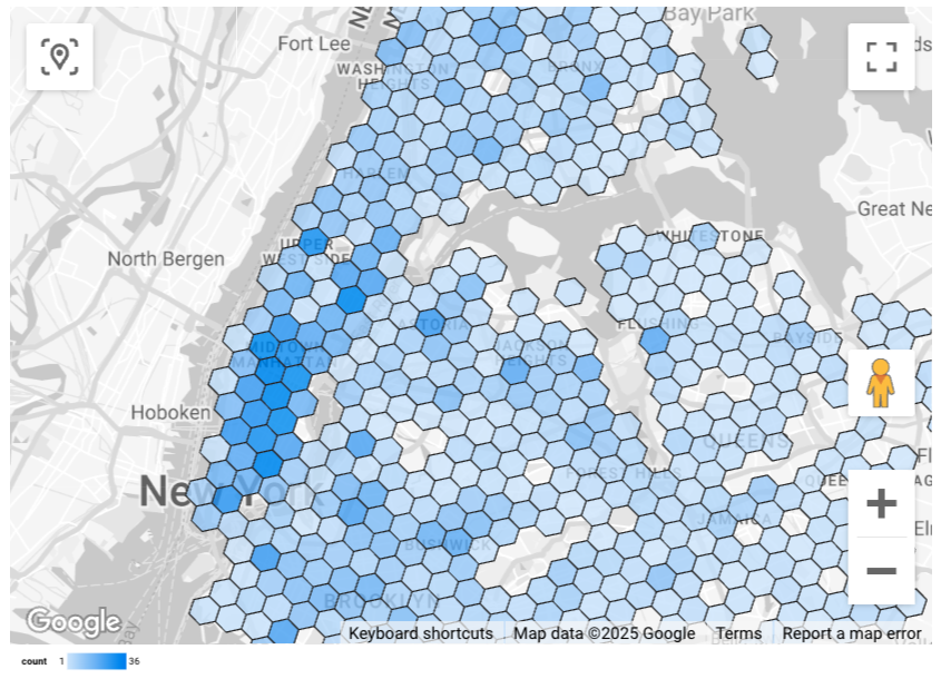 Bản đồ có tô màu để lọc các cửa hàng tiện lợi và cửa hàng tạp hoá có lối đi cho xe lăn ở Thành phố New York.