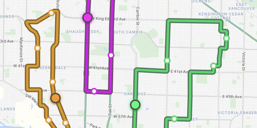 Screenshot einer Karte mit drei Routen, die in verschiedenen Farben hervorgehoben sind