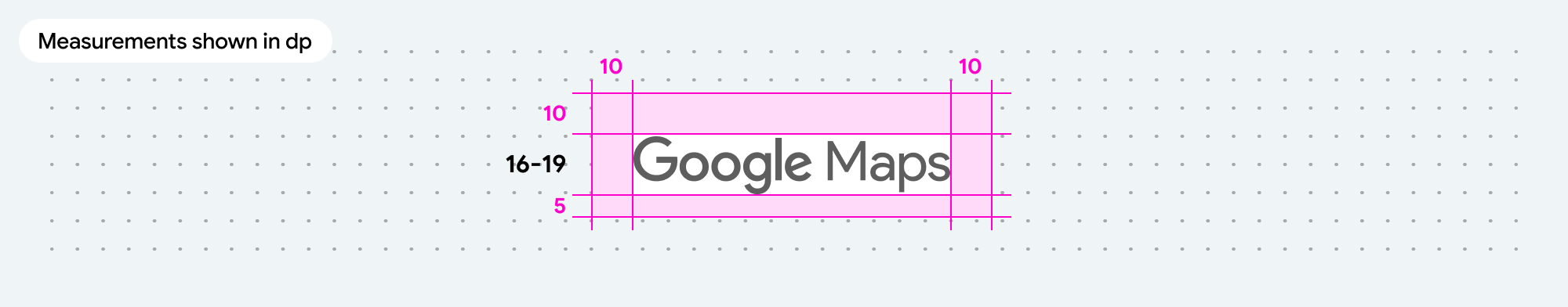 Google Maps logo showing minimum clear space and acceptable size range