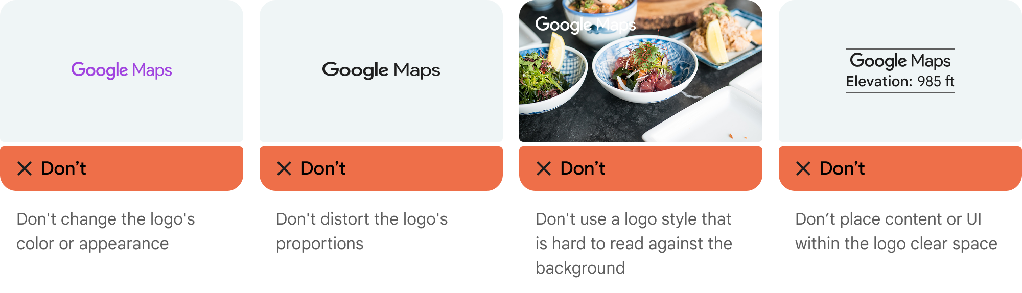 Google Maps के लोगो एट्रिब्यूशन के लिए, अस्वीकार किए जाने वाले बदलाव और सुलभता से जुड़ी समस्याएं