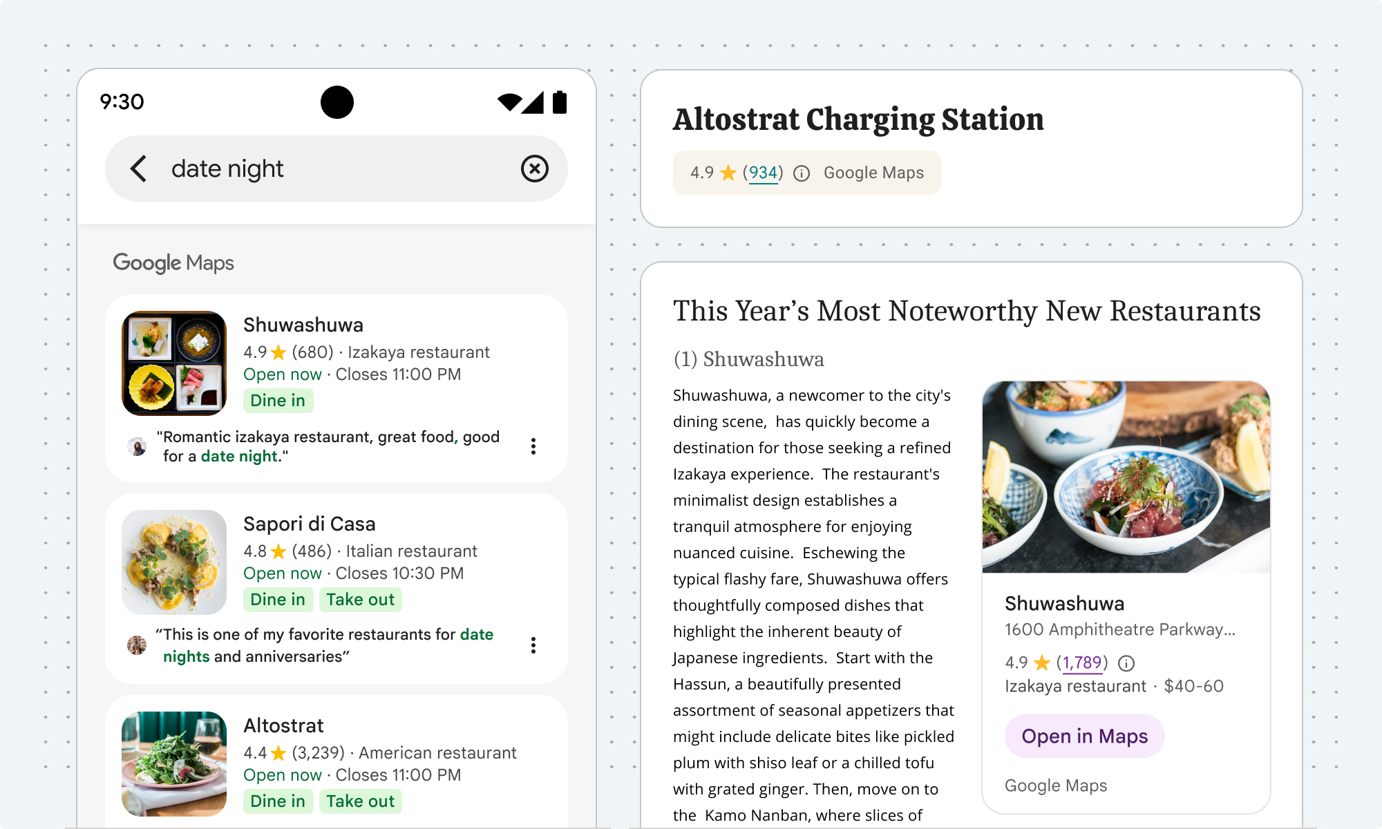 Example of Google Maps attribution positioned at the top, at the bottom, and to the side of the content