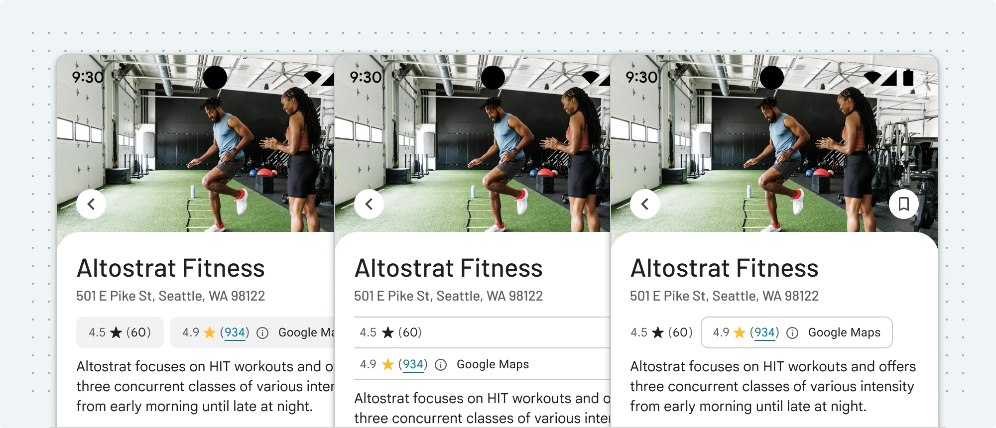 Google マップのコンテンツ（場所の評価）を他のコンテンツと区別する 3 つのアプローチの例