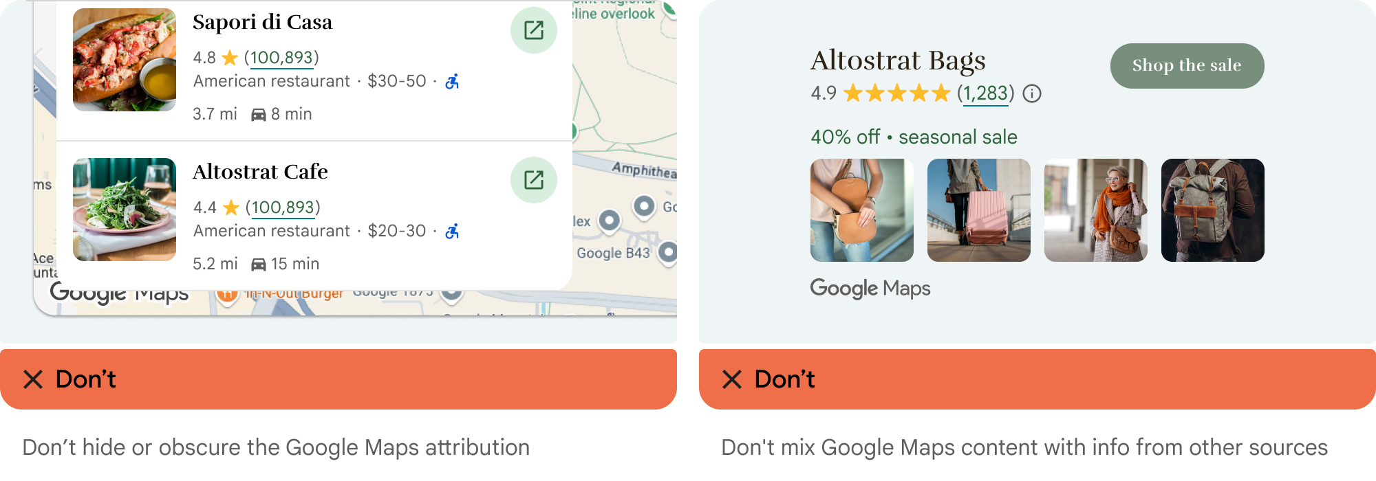 No ocultes la atribución de Google Maps ni la mezcles con contenido de otras fuentes.