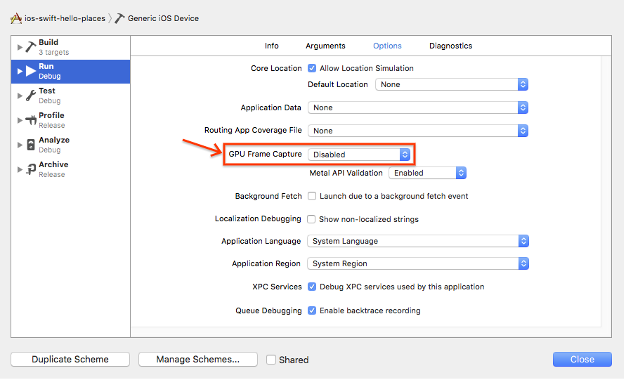 「Generic iOS Device」(通用 iOS 裝置) 頁面上的 Xcode「GPU Frame Capture」(GPU 畫格擷取) 選項