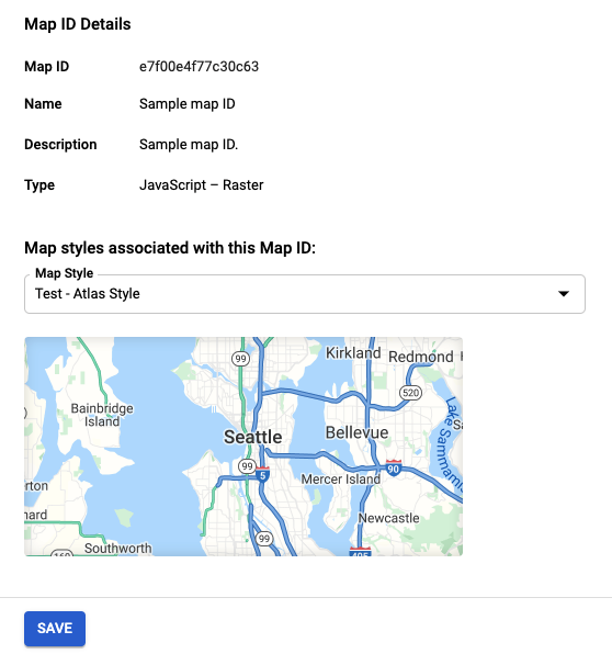 Screenshot yang menampilkan halaman detail untuk satu ID peta, termasuk kolom dropdown yang memungkinkan pengguna mengaitkan gaya peta dengan ID Peta ini.