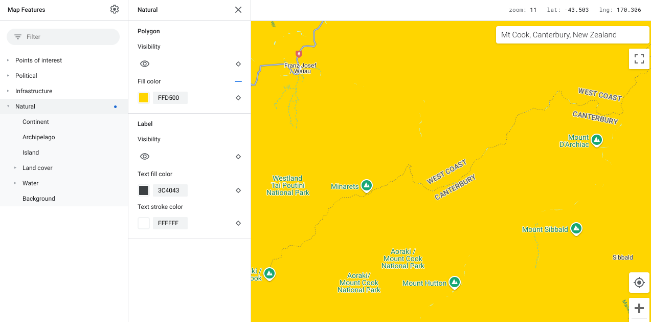 Carte montrant que tous les éléments cartographiques de type &quot;Élément naturel&quot; sont en jaune