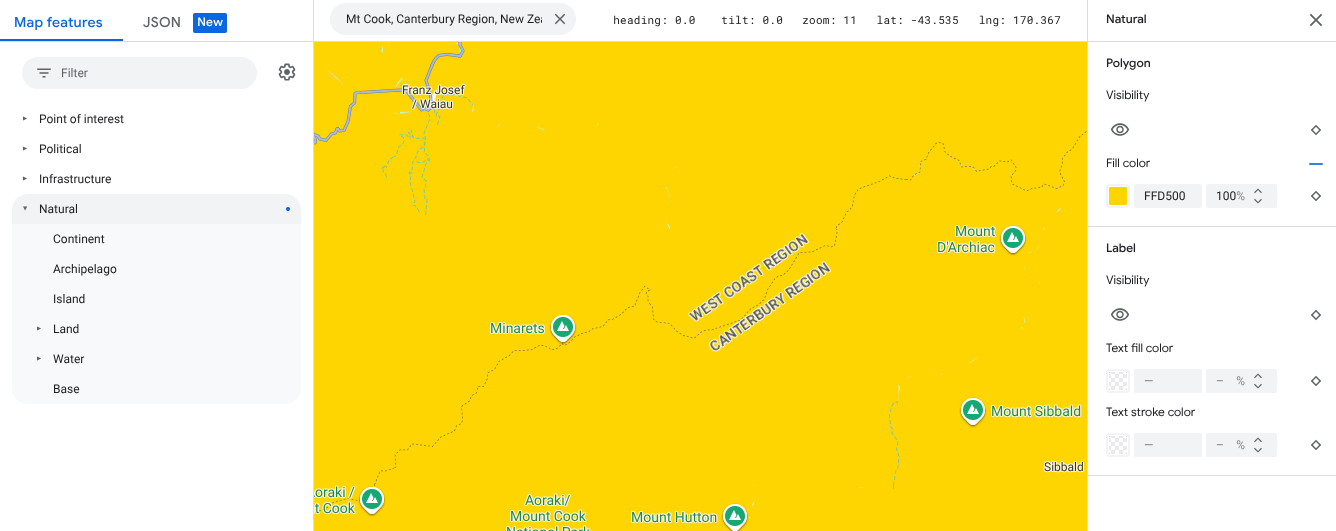 Mapa pokazująca wszystkie elementy mapy naturalnej w kolorze żółtym
