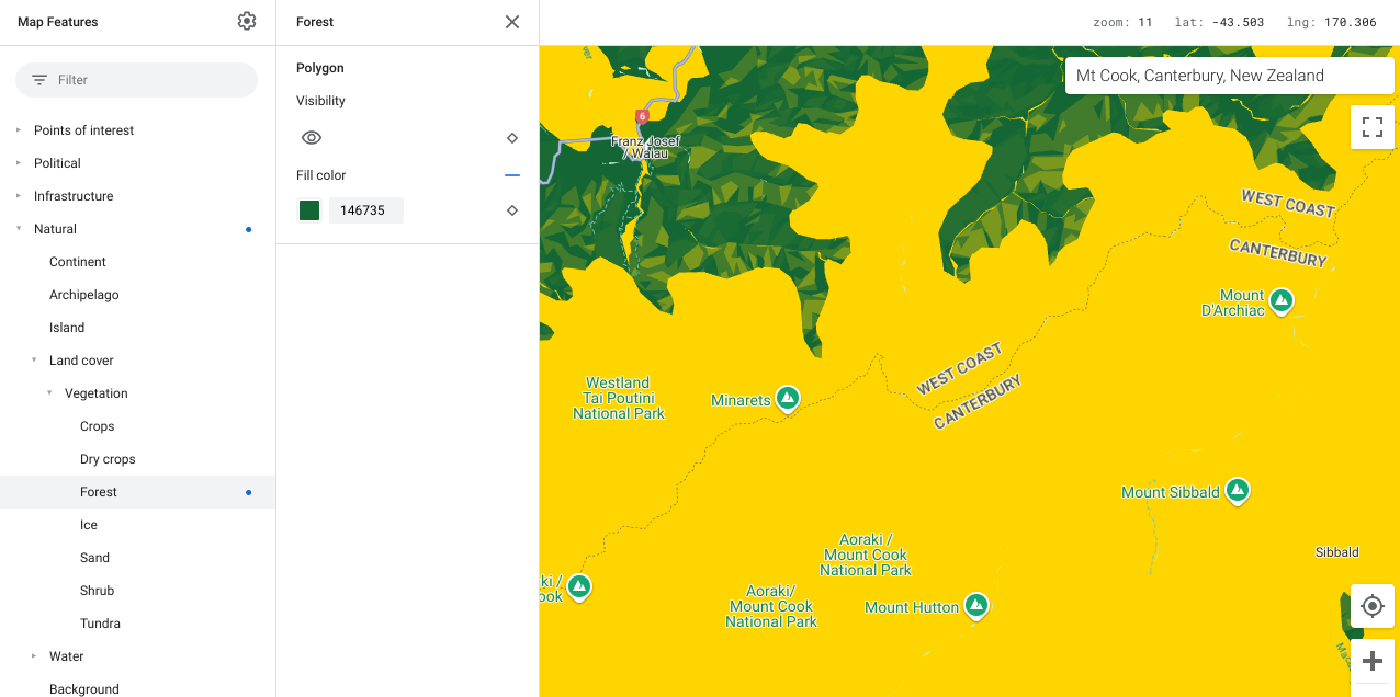 Mapa przedstawiająca obiekty na mapie leśnej są zielone