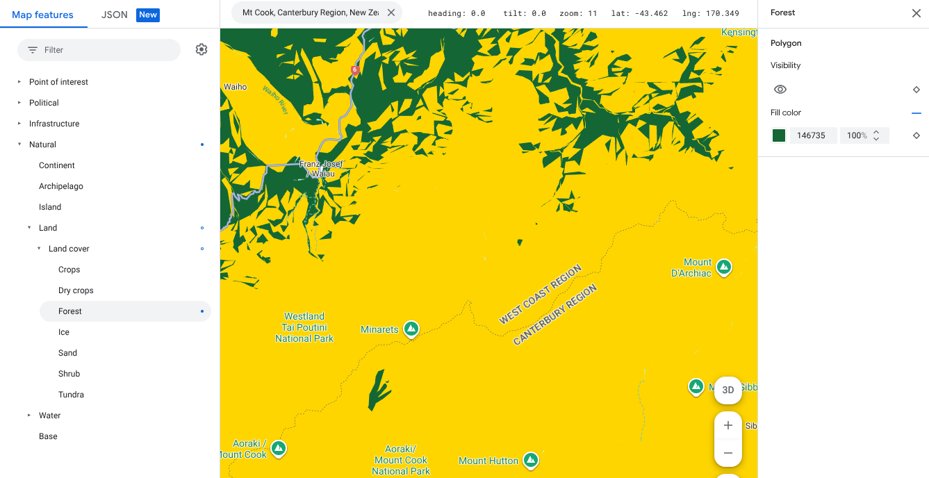 Auf der Karte werden Elemente für Wald grün dargestellt.