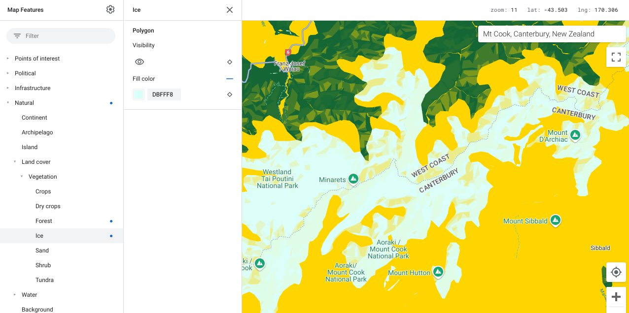 Mapa przedstawiająca obiekty na mapie lodowej w kolorze jasnoniebieskim