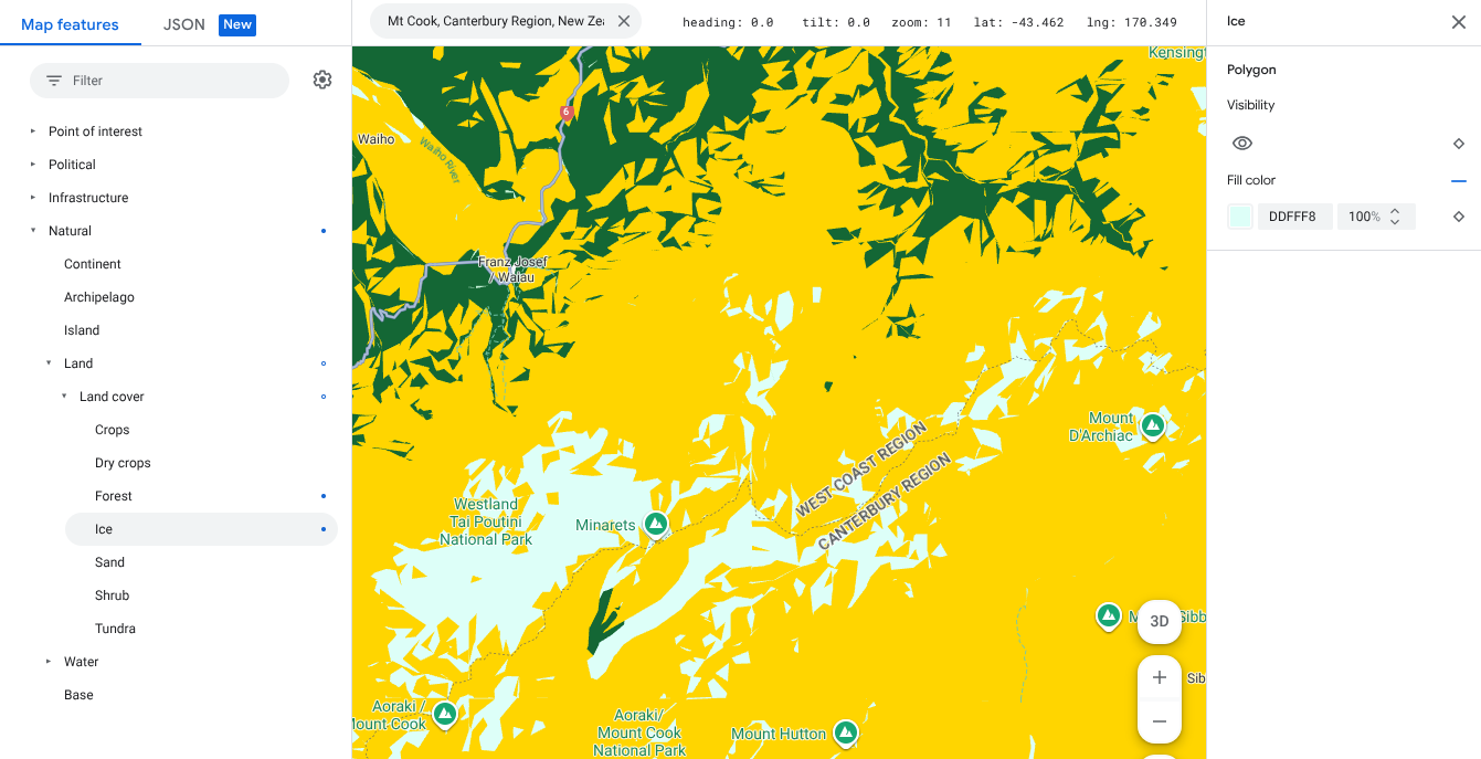 빙하 지도 지형지물이 옅은 청록색인 지도