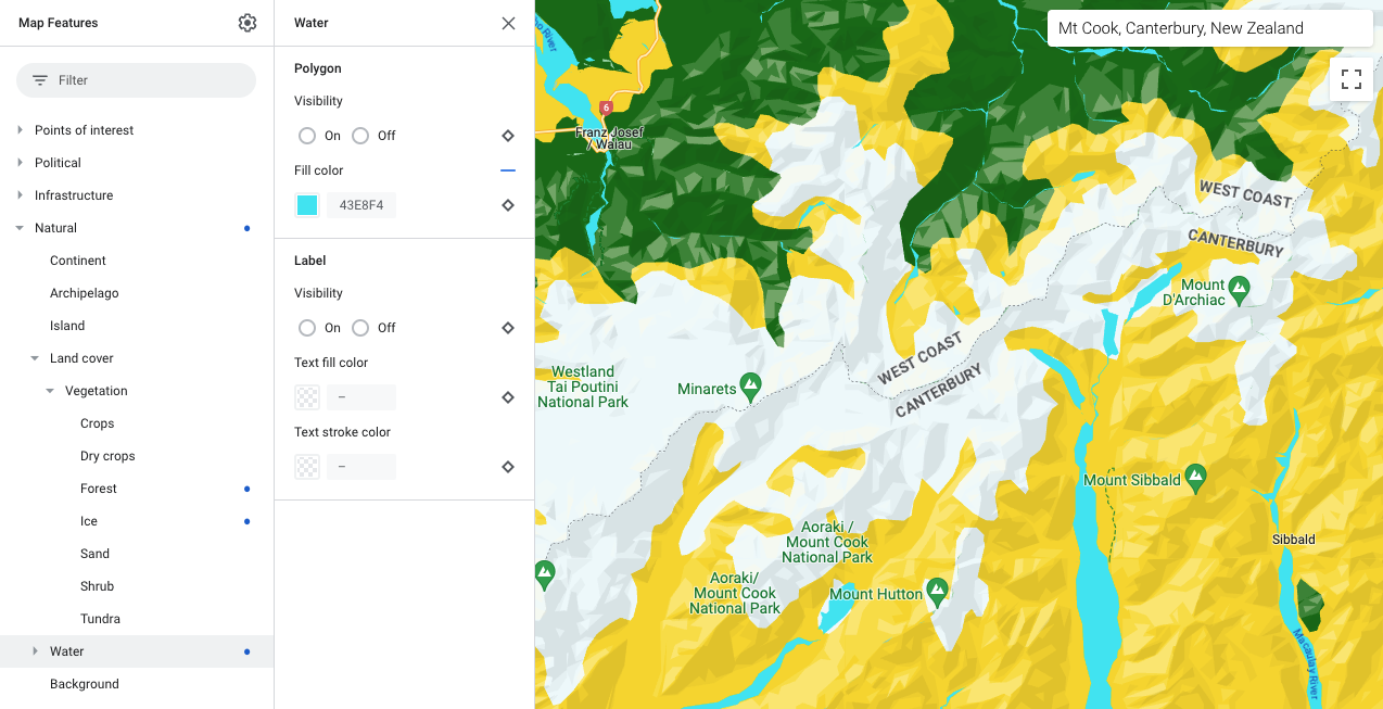 Auf der Karte werden Elemente für Wasser hellblau dargestellt.