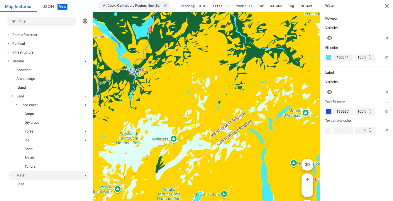 خريطة تعرض ميزات الخريطة المائية باللون الأزرق المائي