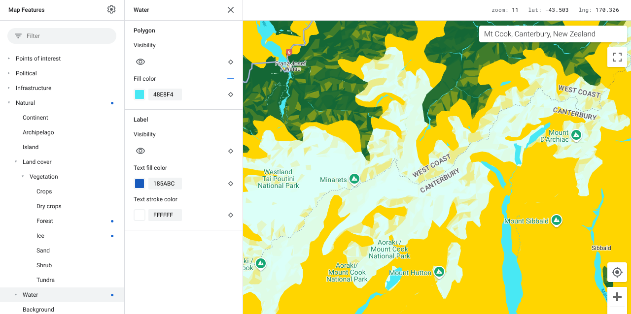 Mapa pokazująca obiekty na mapie wodnej w kolorze niebieskim