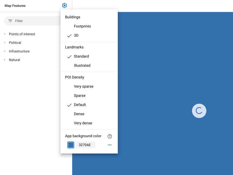 Menu des paramètres avec l&#39;option de couleur d&#39;arrière-plan de l&#39;application mise en surbrillance par un carré bleu. Le paramètre de couleur d&#39;arrière-plan de l&#39;application vous permet d&#39;utiliser le sélecteur de couleur ou de saisir une chaîne hexadécimale.