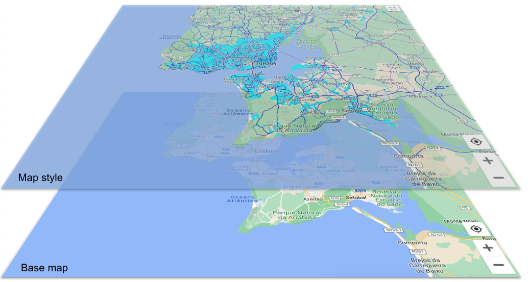 Mapa de base com uma sobreposição de estilo de mapa no alto, mostrando os elementos de estilo das áreas urbanas em ciano e das malhas ferroviárias em azul