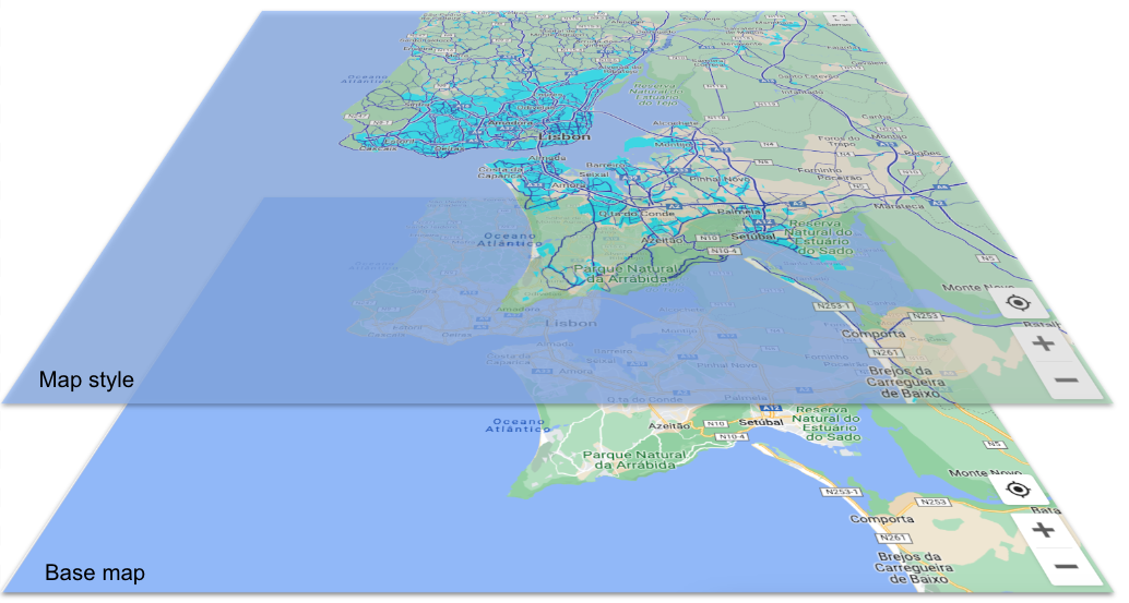 基本地图上方叠加地图样式,展现的是湖水绿城市区域和蓝色道路网的样式元素