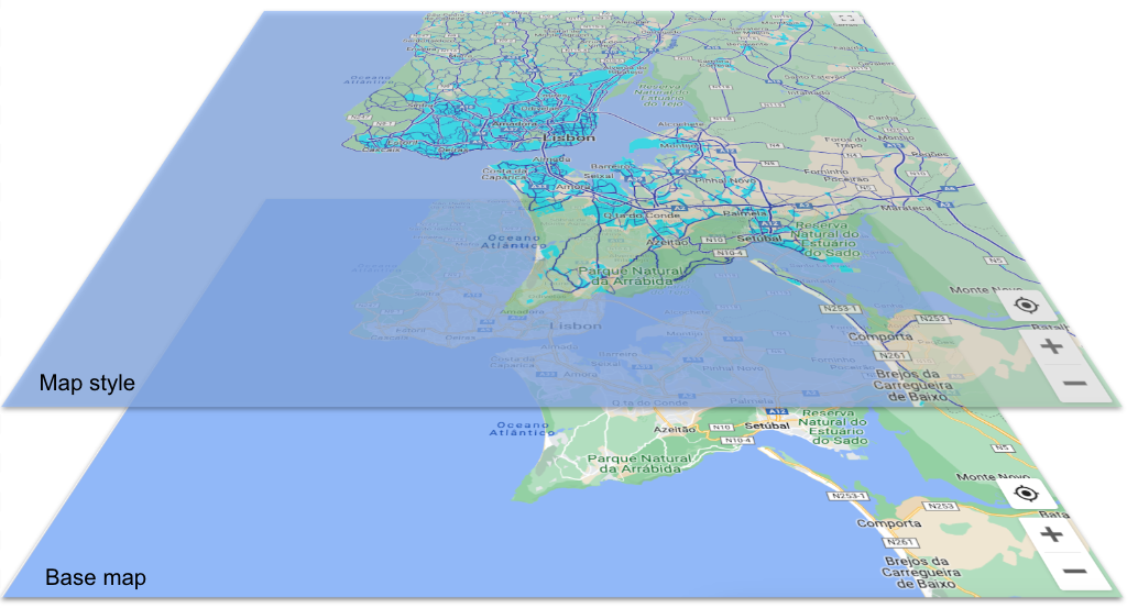 Bản đồ cơ sở có lớp phủ kiểu bản đồ ở trên cùng, thể hiện các yếu tố phong cách của các khu đô thị nước và mạng lưới đường màu xanh
