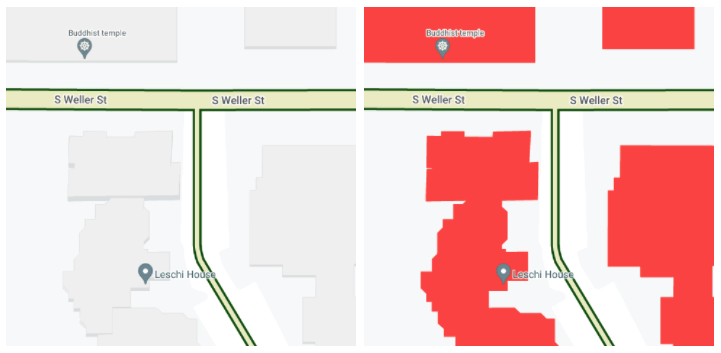 لقطة شاشة لخريطة مخصّصة تم تكبيرها إلى المستوى 19. على اليسار، تظهر المباني شكلاً ثلاثي الأبعاد، مع ظلال طفيفة من بعض الجوانب. على اليسار، يتم تلوين المباني باللون الأحمر الداكن وليس لها أبعاد أو تظليل.
