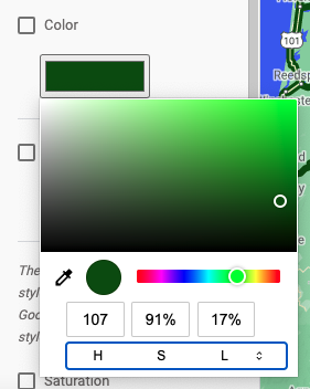 Dettaglio di uno screenshot che mostra il selettore dei colori. Nella parte superiore è presente un selettore rettangolare di saturazione e luminosità, seguito da un selettore di tonalità più piccolo che mostra lo spettro di colore rosso, viola, blu, verde, giallo e arancione. Sotto questi sono presenti campi numerici per inserire i valori dei colori e sotto c&#39;è una barra che consente agli utenti di scegliere i tipi di valori da inserire: codici RGB, HSL o HEX.