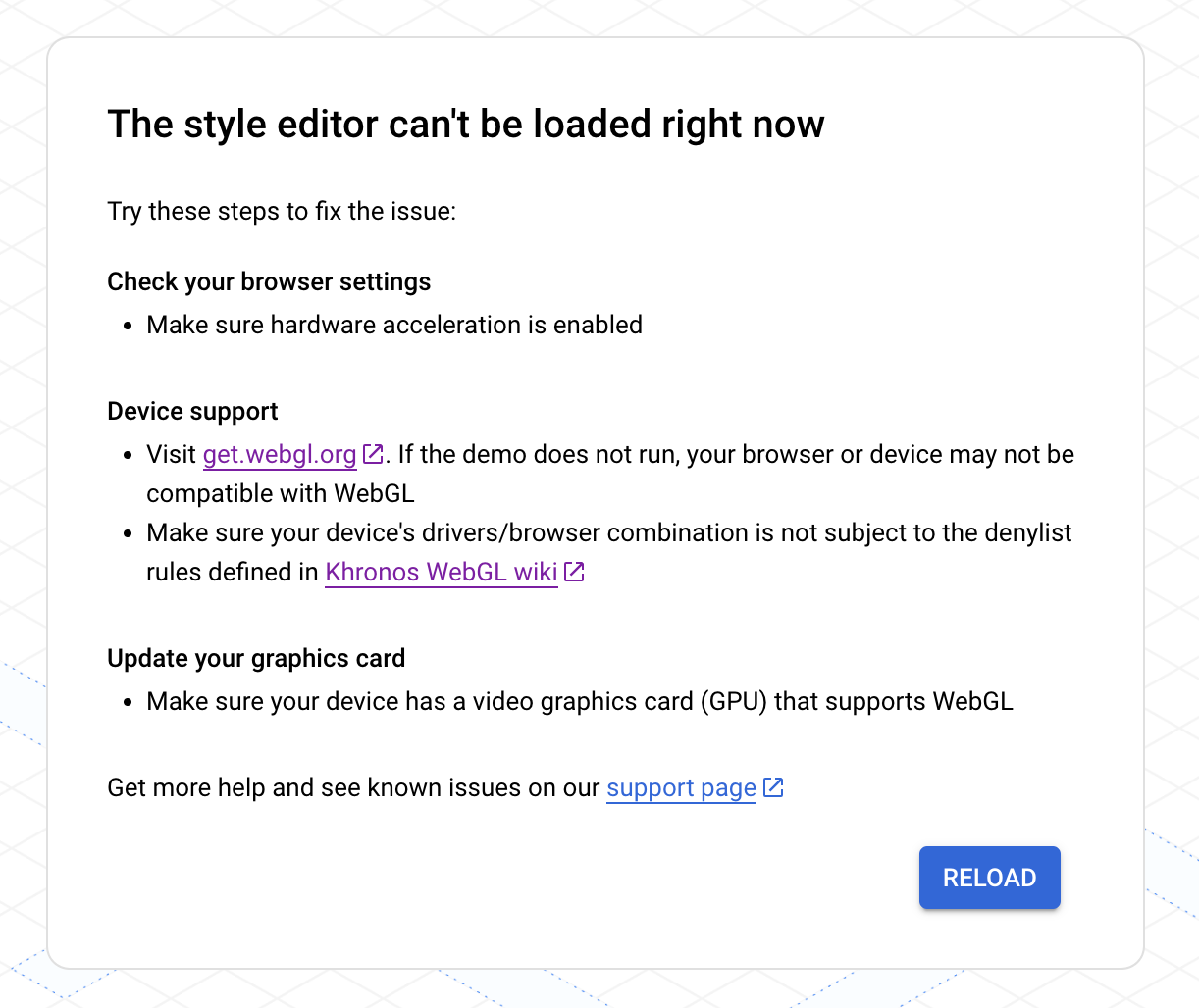 इस इमेज में, 'स्टाइल एडिटर को फ़िलहाल लोड नहीं किया जा सकता' मैसेज का उदाहरण दिया गया है. साथ ही, गड़बड़ी को ठीक करने के तरीके के बारे में कई चरण दिए गए हैं.