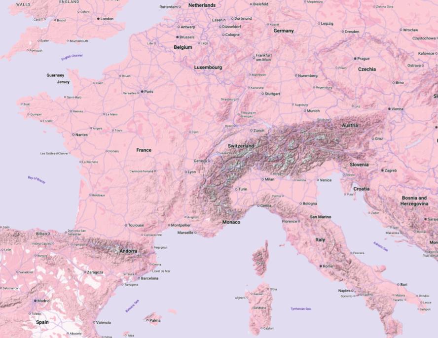 Mapa de terreno de Francia y Mónaco con agua y tierra de color rosa.