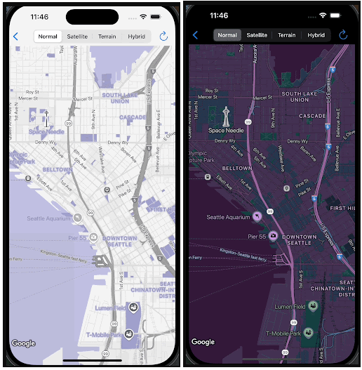Dos pantallas de la app que muestran el mapa en modo oscuro y claro
