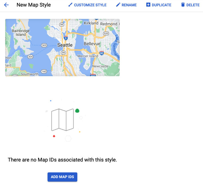 A screenshot of the main page for a single map style, showing the name of the map, the controls to customize or rename or duplicate or delete a style, a picture showing the style applied to a mapped area, and a notice saying that there are no map IDs associated with this style and a button labeled 'Add Map IDs'.
