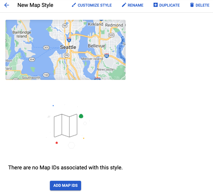 Uma captura de tela da página principal de um único estilo de mapa mostrando o nome, os controles para personalizar, renomear, duplicar ou excluir um estilo, uma imagem que mostra o estilo implementado a uma área mapeada e um aviso informando que não há nenhum ID de mapa associado ao estilo, além de um botão &quot;Adicionar IDs de mapa&quot;.