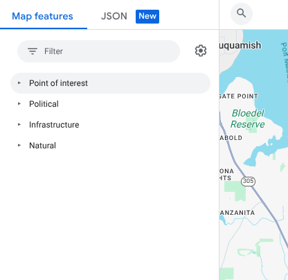 The map features panel with a filter box and expandables for the Point of interest, Political, Infrastructure, and Natural parent features.