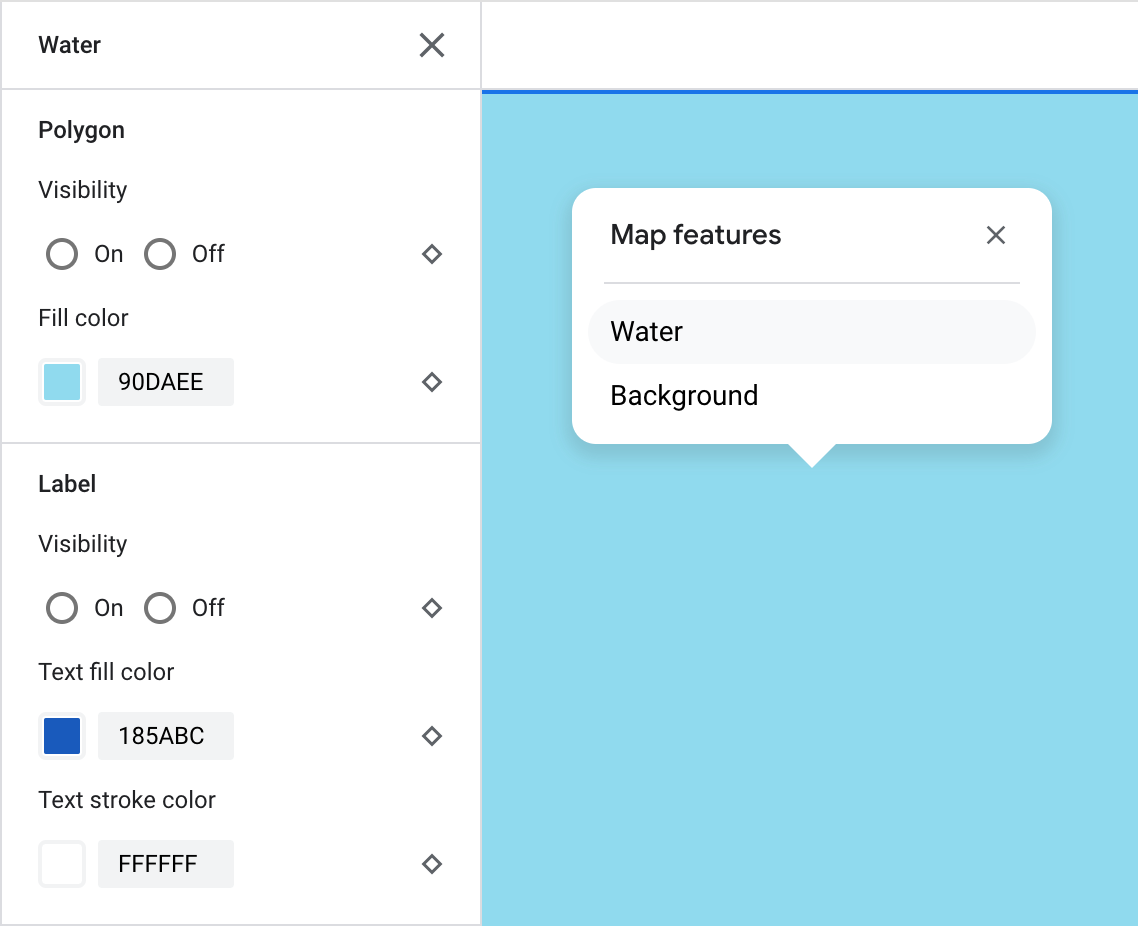 The map inspector for water lists the water and background map features. Water is selected and the corresponding element pane expands to show Polygon and Label customization options.